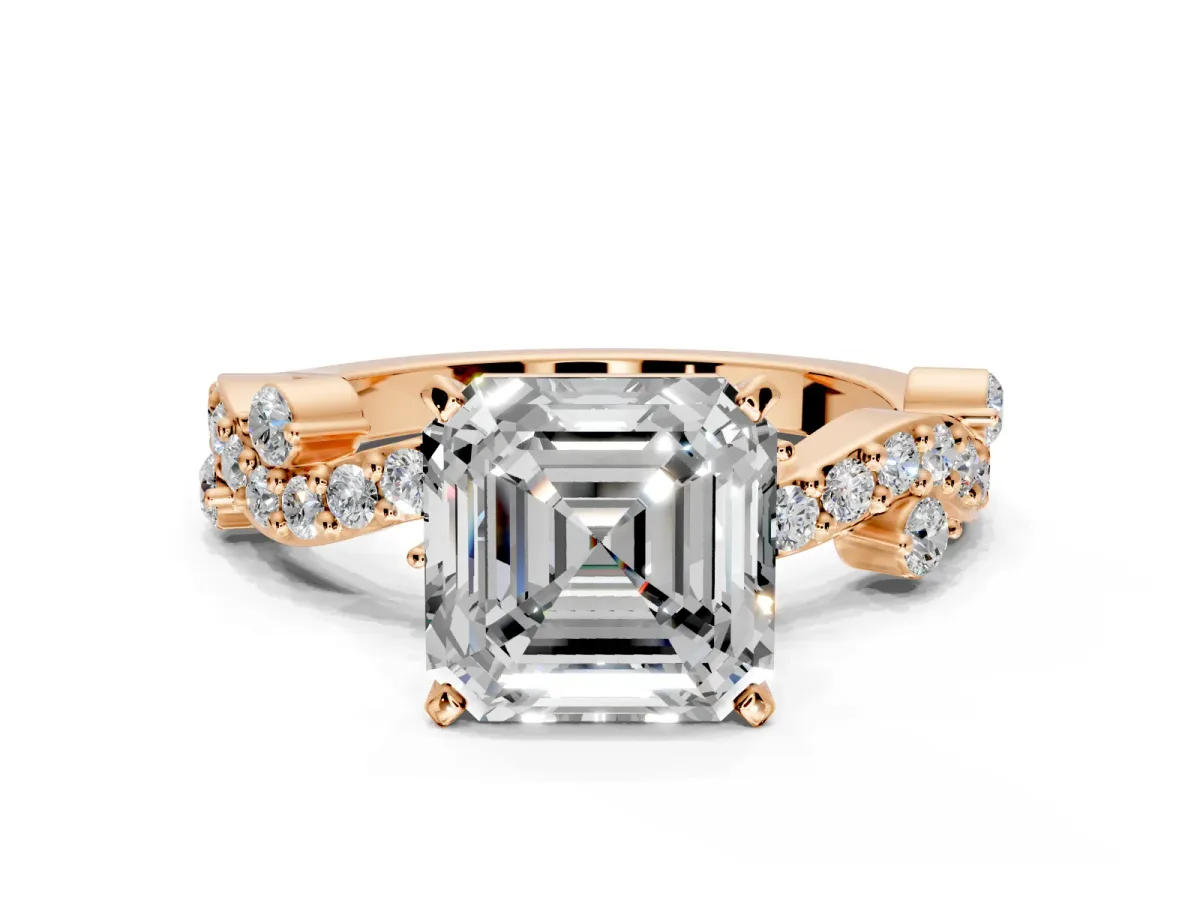 Solitaire Engagement Ring Setting for Asscher Cut Center with Bar-Station Pave Twist and Prong Head in Rose Gold