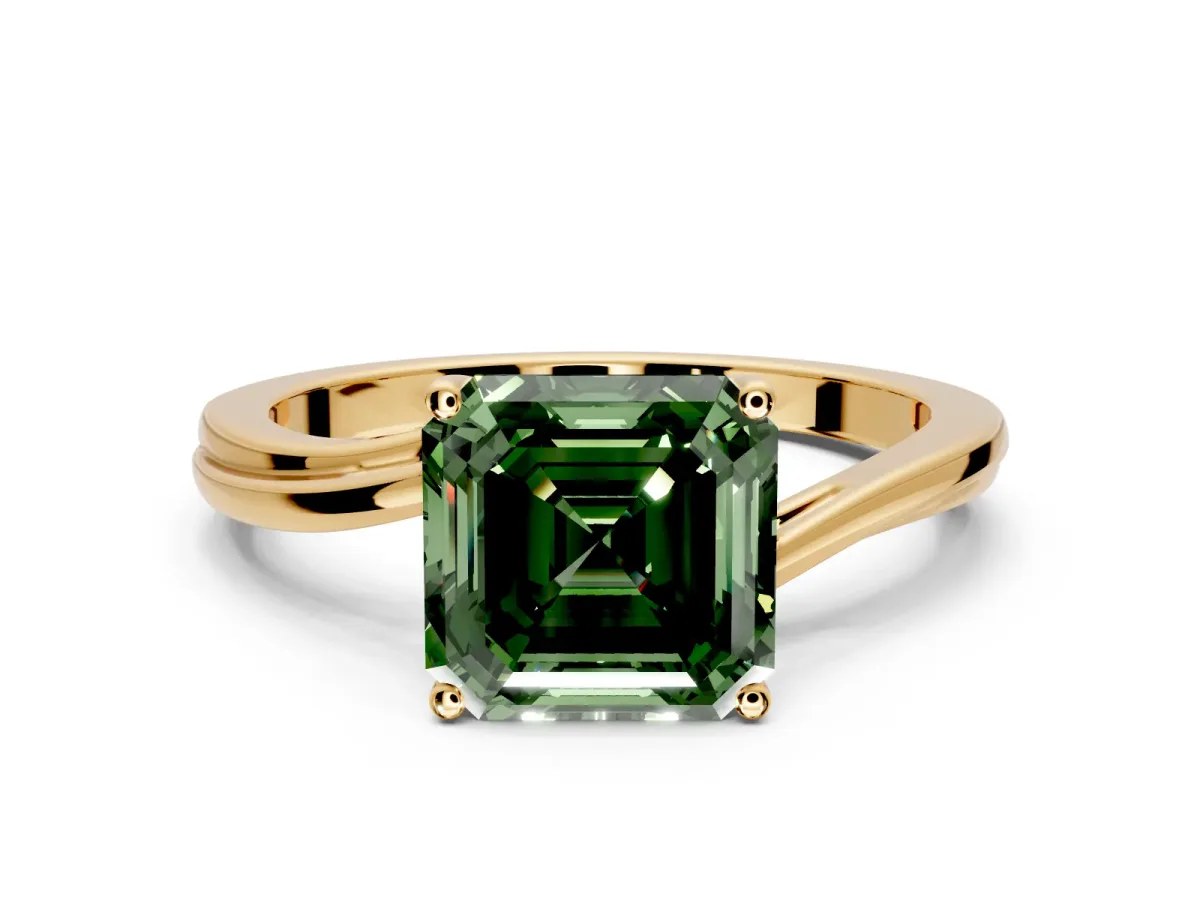 Solitaire Engagement Ring Setting for Fancy Green Asscher Cut Center with Plain Bypass Twist Band and Prong Head in Yellow Gold