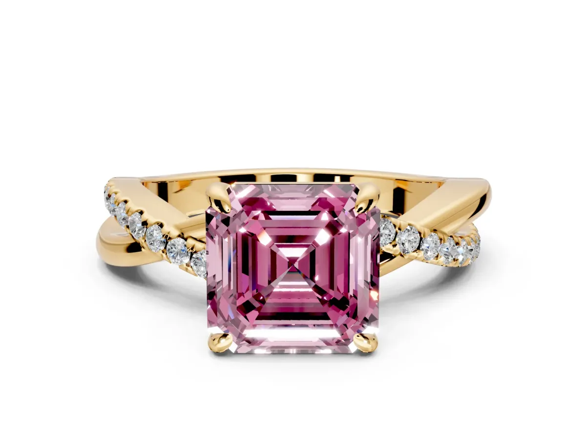 Solitaire Engagement Ring Setting for Fancy Pink Asscher Cut Center with Half-Pave Crossover Band and Prong Head in Yellow Gold