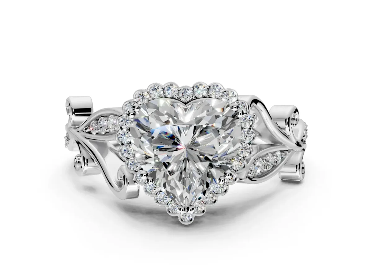 Halo Engagement Ring Setting for Heart-Shaped Center with Leaf Motif Split Shank and Prong Head in Sterling Silver