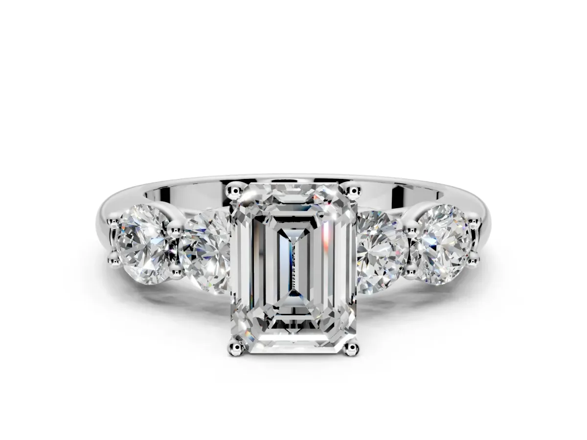 5 Stone Engagement Ring Setting for Emerald Cut Center with Graduated Accents and Prong Head in White Gold