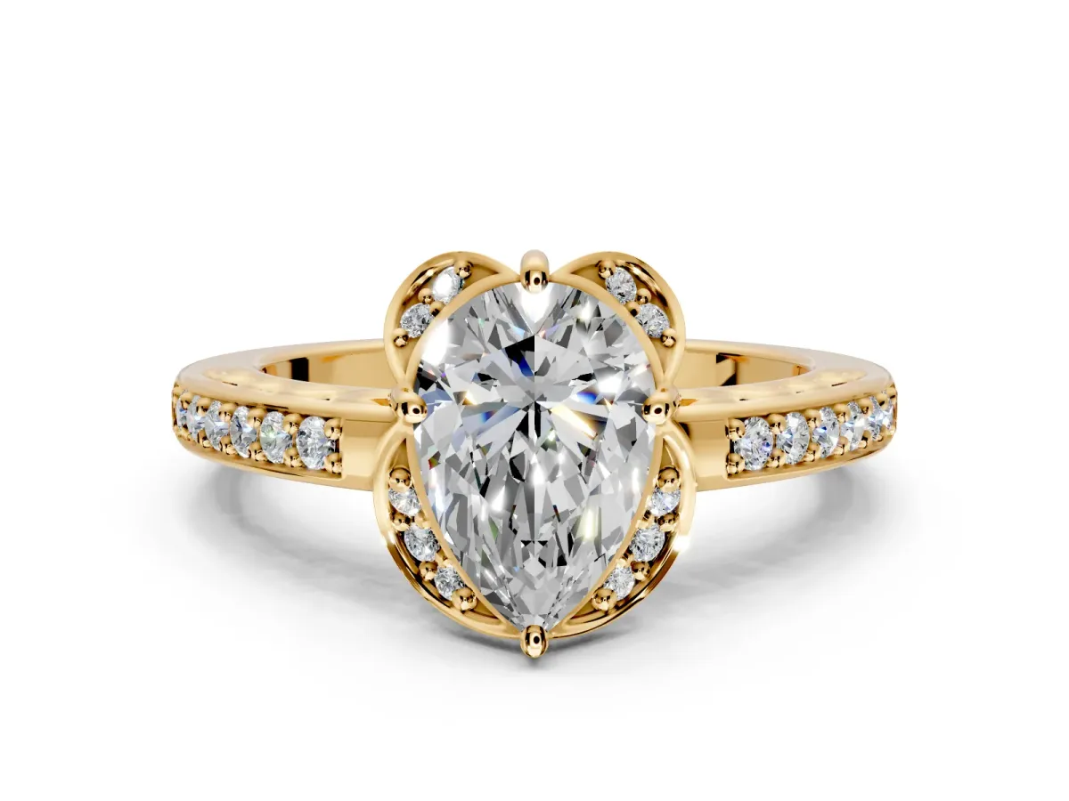 Floral Engagement Ring Setting for Pear-Shaped Center with Four Accent Clusters and Prong Head in Yellow Gold