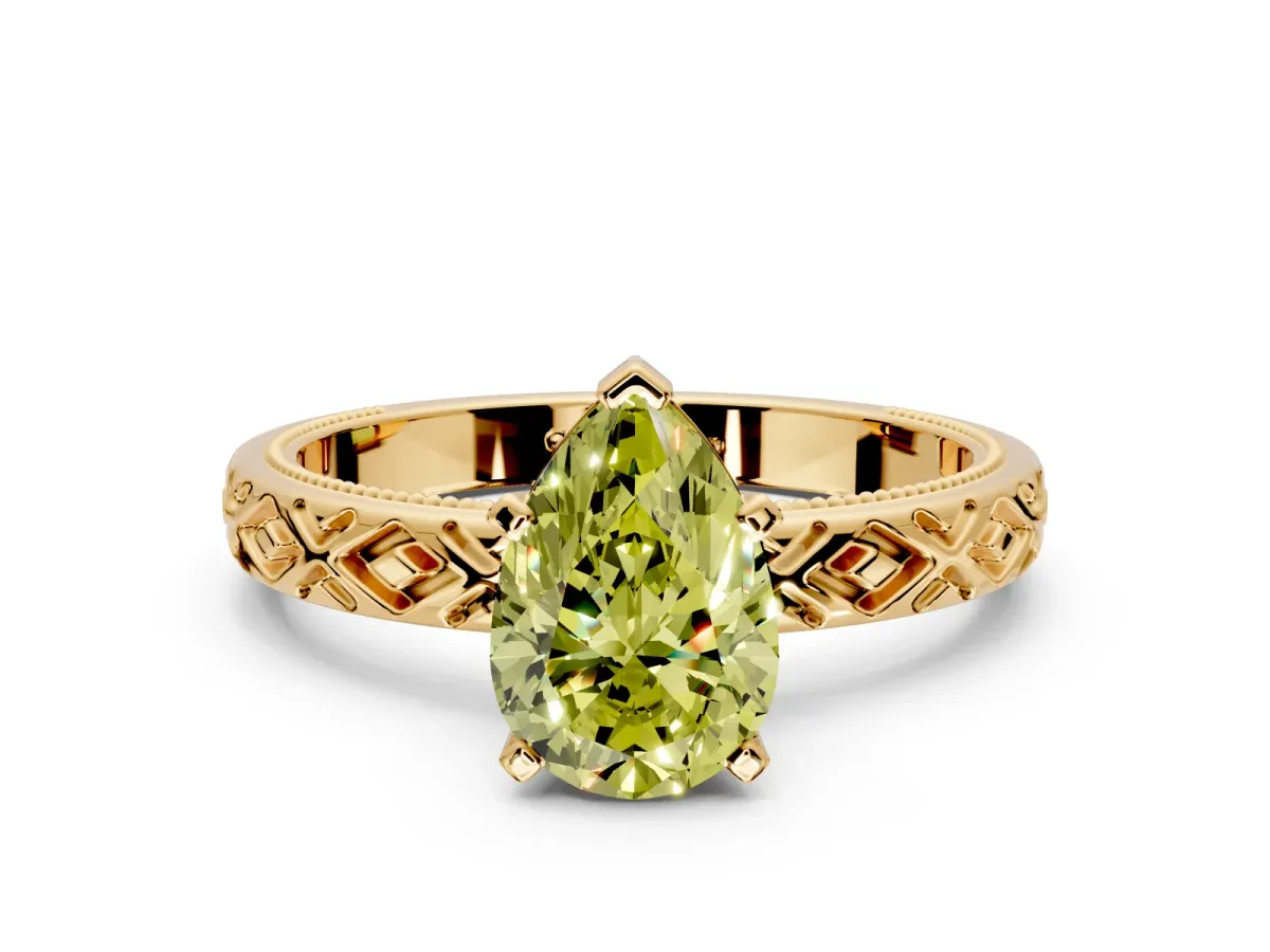 Solitaire Engagement Ring Setting for Fancy Yellow Pear-Shaped Center with Milgrain X Pattern Band and Prong Head in Yellow Gold