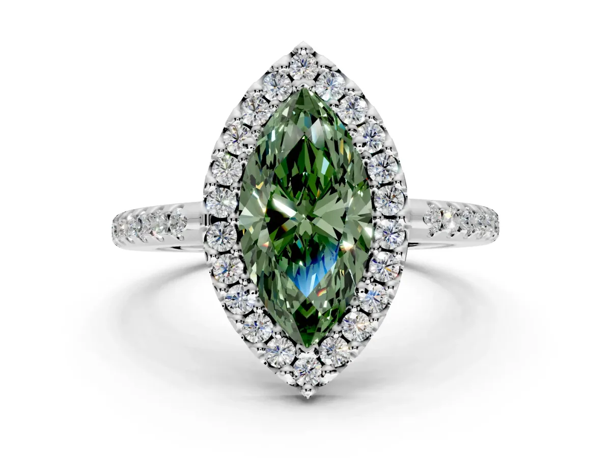 Pave Halo Engagement Ring Setting for Fancy Green Marquise Center with Single Row Pave Band and Prong Head in Sterling Silver