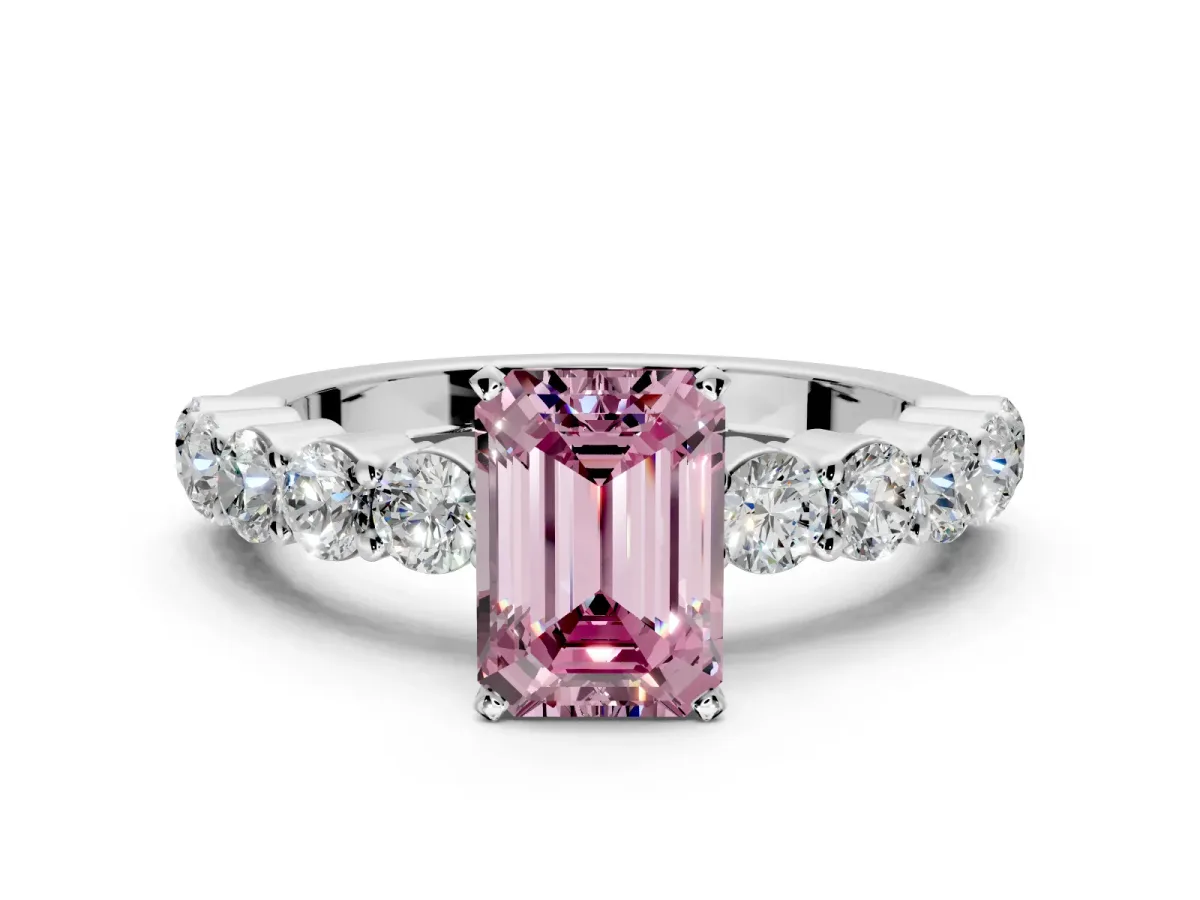 Shared-Prong Engagement Ring Setting for Fancy Pink Emerald Cut Center with Graduated Accents and Prong Head in Platinum
