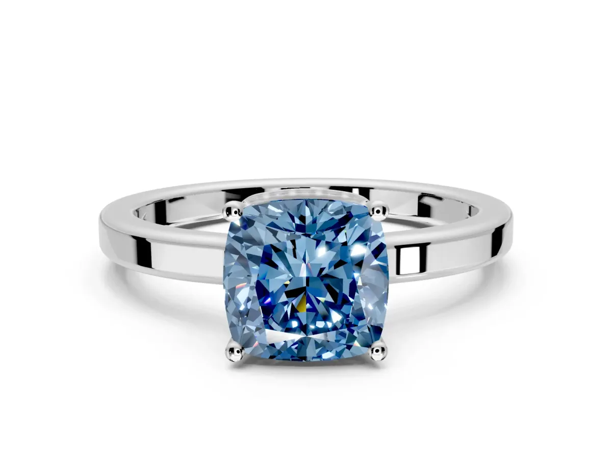 Hidden Halo Engagement Ring Setting for Fancy Blue Cushion Cut Center with Wide Flat Plain Band and Prong Head in White Gold