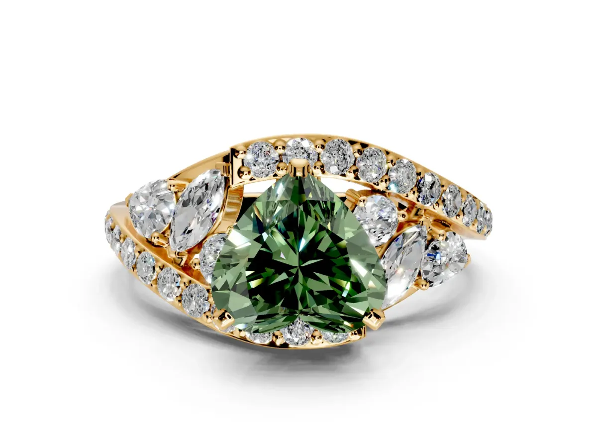 Halo Engagement Ring Setting for Fancy Green Heart-Shaped Center with Marquise and Pave Bypass Band and Prong Head in Yellow Gold