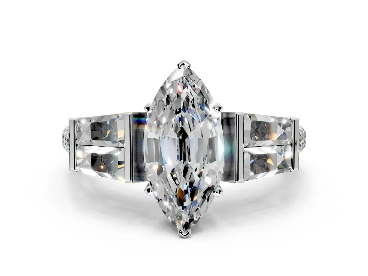 Channel-Set Engagement Ring Setting for Marquise Center with Baguette Band and Prong Head in Sterling Silver