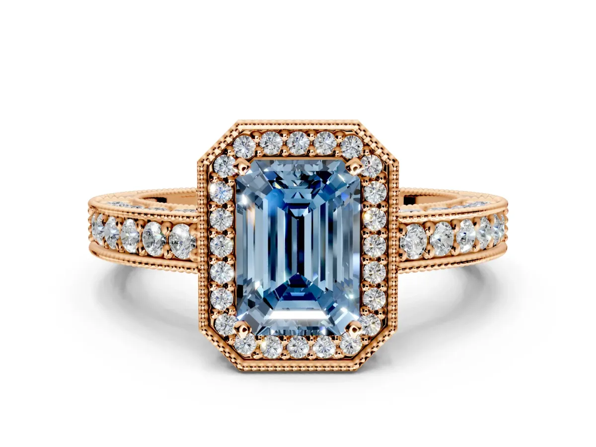 Milgrain Halo Engagement Ring Setting for Fancy Blue Emerald Cut Center with Wide Pave Band and Prong Head in Rose Gold