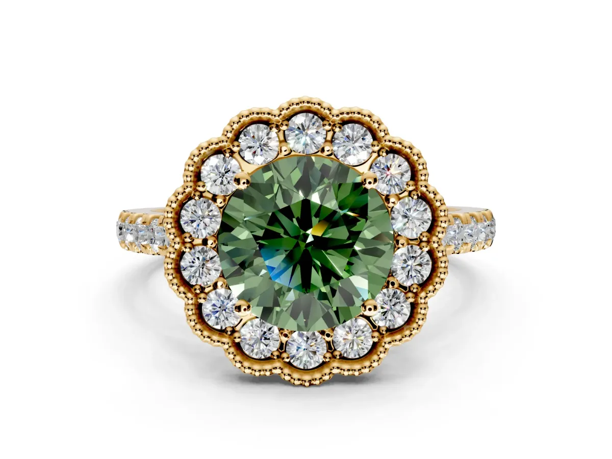 Milgrain Floral Halo Engagement Ring Setting for Fancy Green Round Cut Center with Pave Band and Prong Head in Yellow Gold
