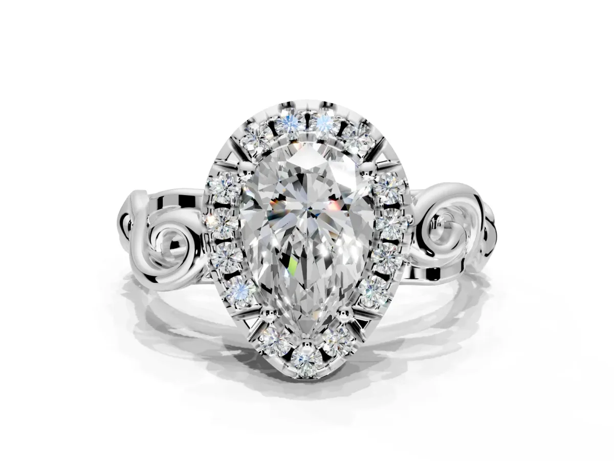 Halo Engagement Ring Setting for Pear-Shaped Center with Open Scroll Shoulders and Prong Head in Sterling Silver