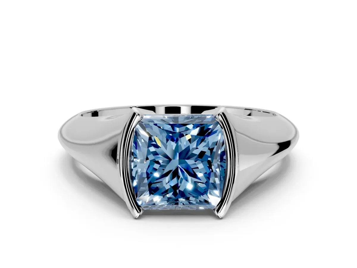 Tension Engagement Ring Setting for Fancy Blue Princess Cut Center with Wide Tapered Band and Tension Head in Platinum