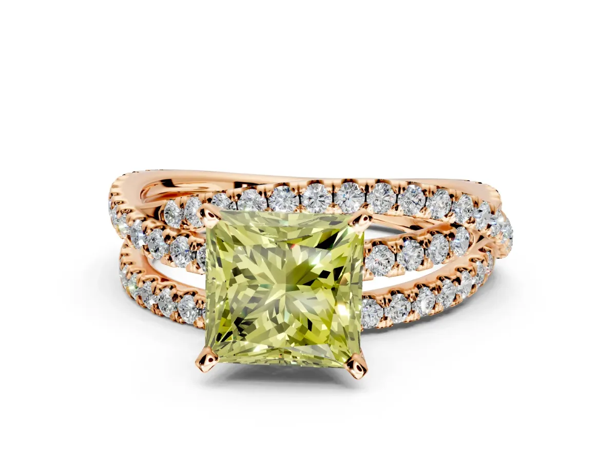Solitaire Engagement Ring Setting for Fancy Yellow Princess Cut Center with Woven 3-Strand Pave Band and Prong Head in Rose Gold