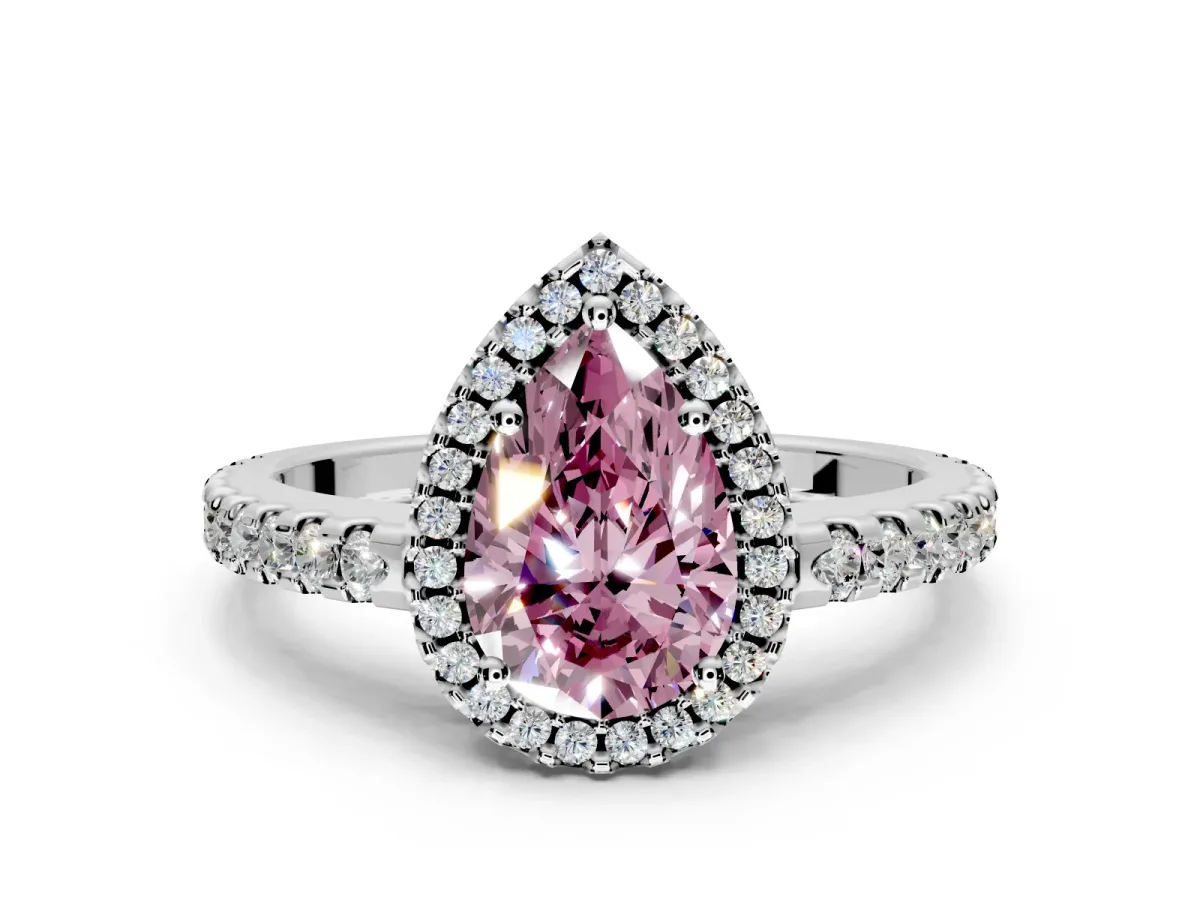 Accent Halo Engagement Ring Setting for Fancy Pink Pear-Shaped Center with Full-Length Pave Band and Prong Head in White Gold