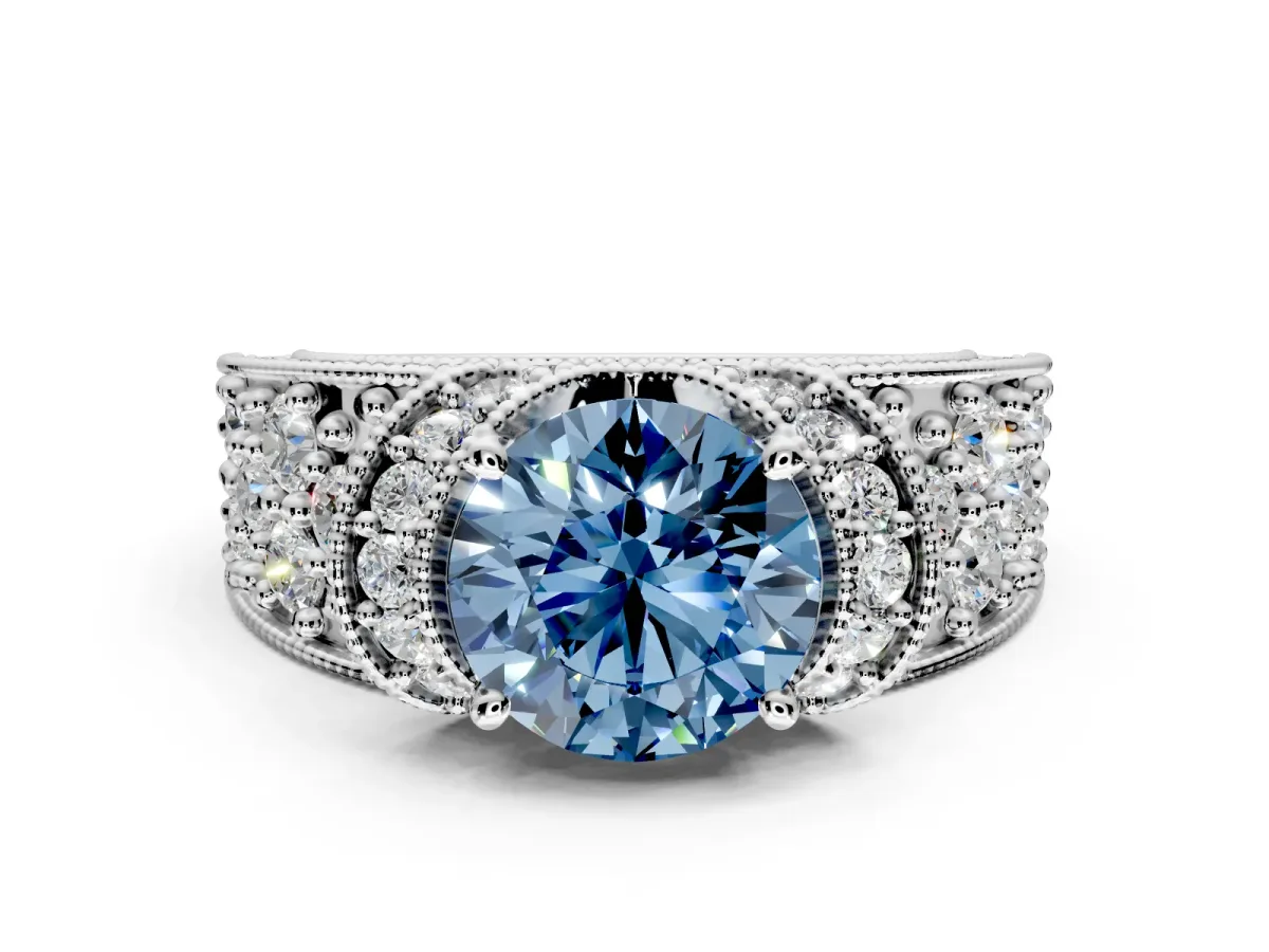 Pave Engagement Ring Setting for Fancy Blue Round Cut Center with Curved Accent Rows, Openwork and Prong Head in White Gold
