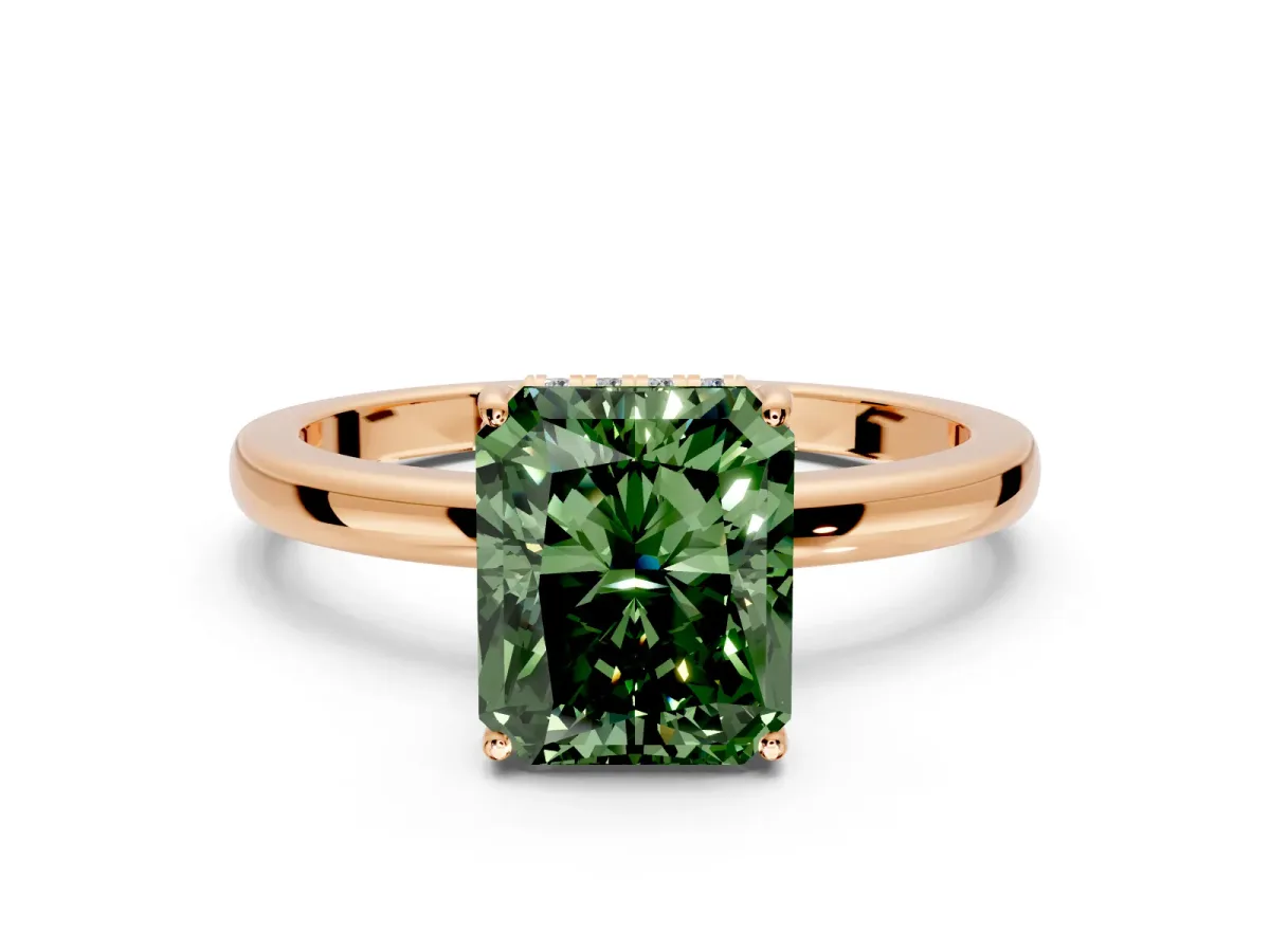 Solitaire Engagement Ring Setting for Fancy Green Radiant Cut Center with Fine Wire Band and Prong Head in Rose Gold
