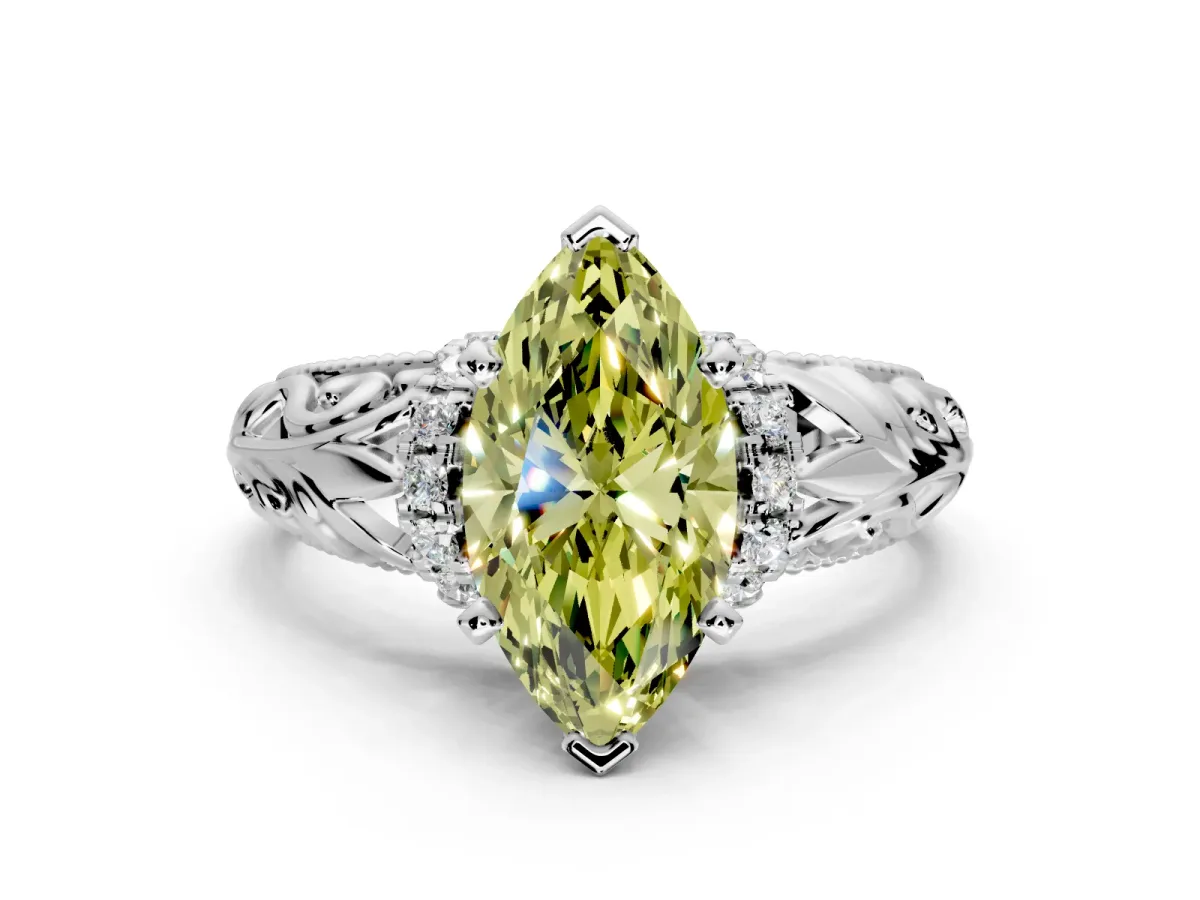 Solitaire Engagement Ring Setting for Fancy Yellow Marquise Center with Filigree Accent Basket and Prong Head in Platinum