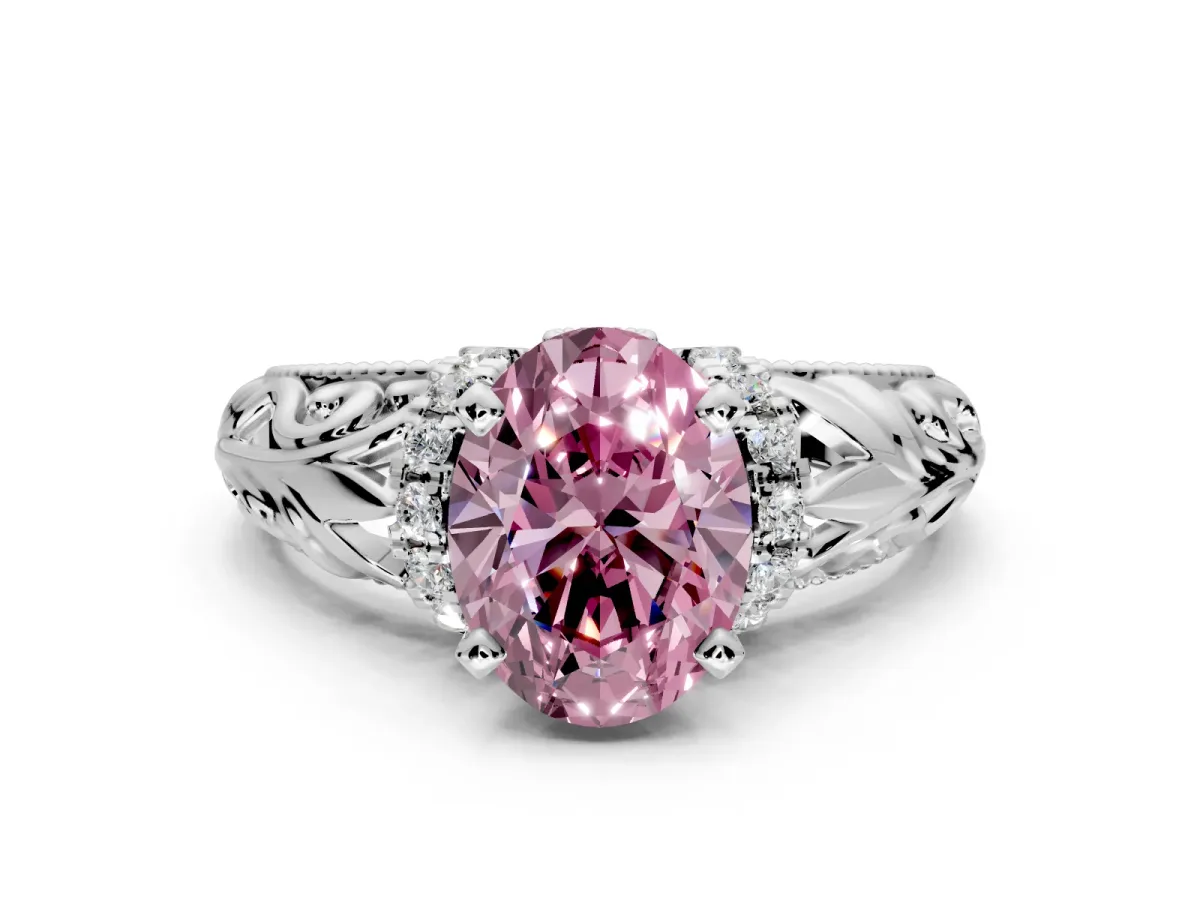 Solitaire Engagement Ring Setting for Fancy Pink Oval Center with Filigree Accent Basket and Prong Head in Platinum
