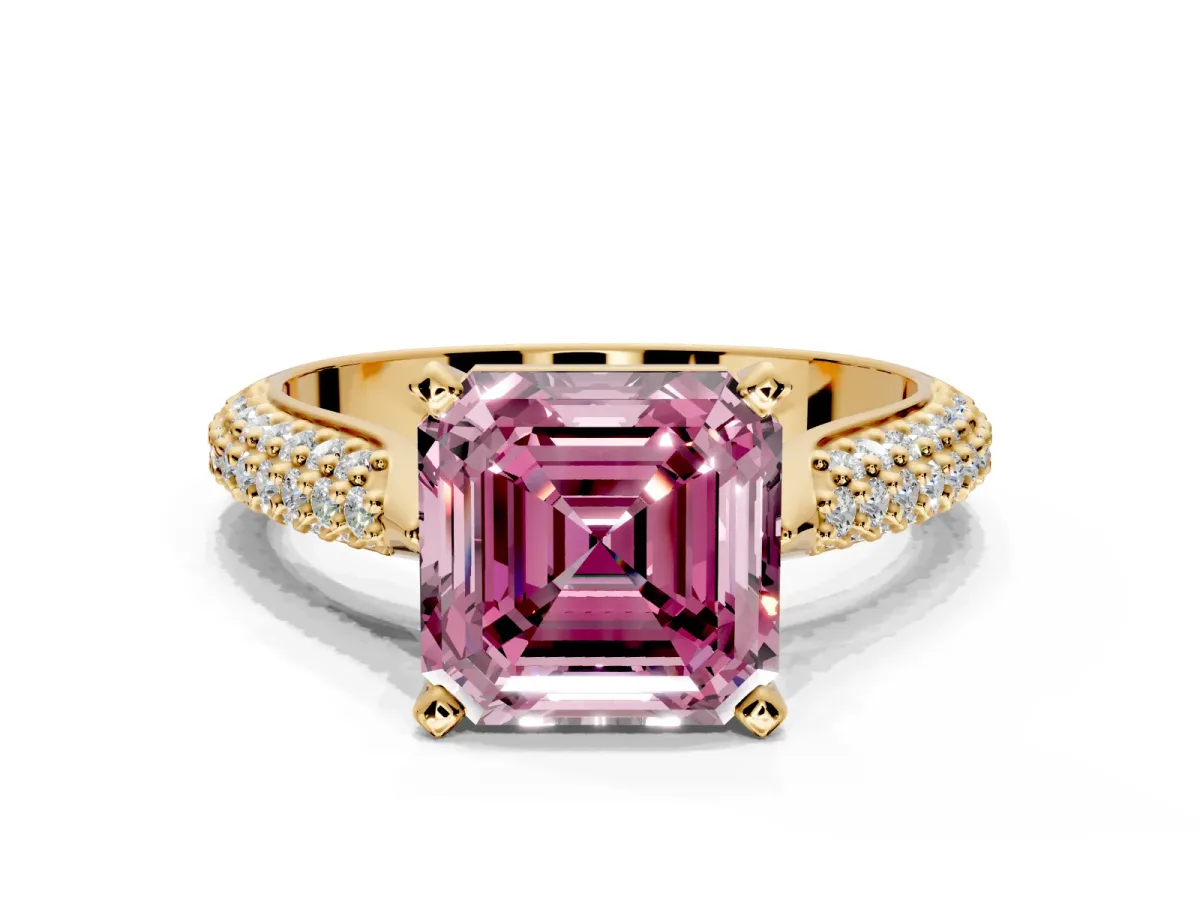 Solitaire Engagement Ring Setting for Fancy Pink Asscher Cut Center with Multi-Row Accents and Prong Head in Yellow Gold