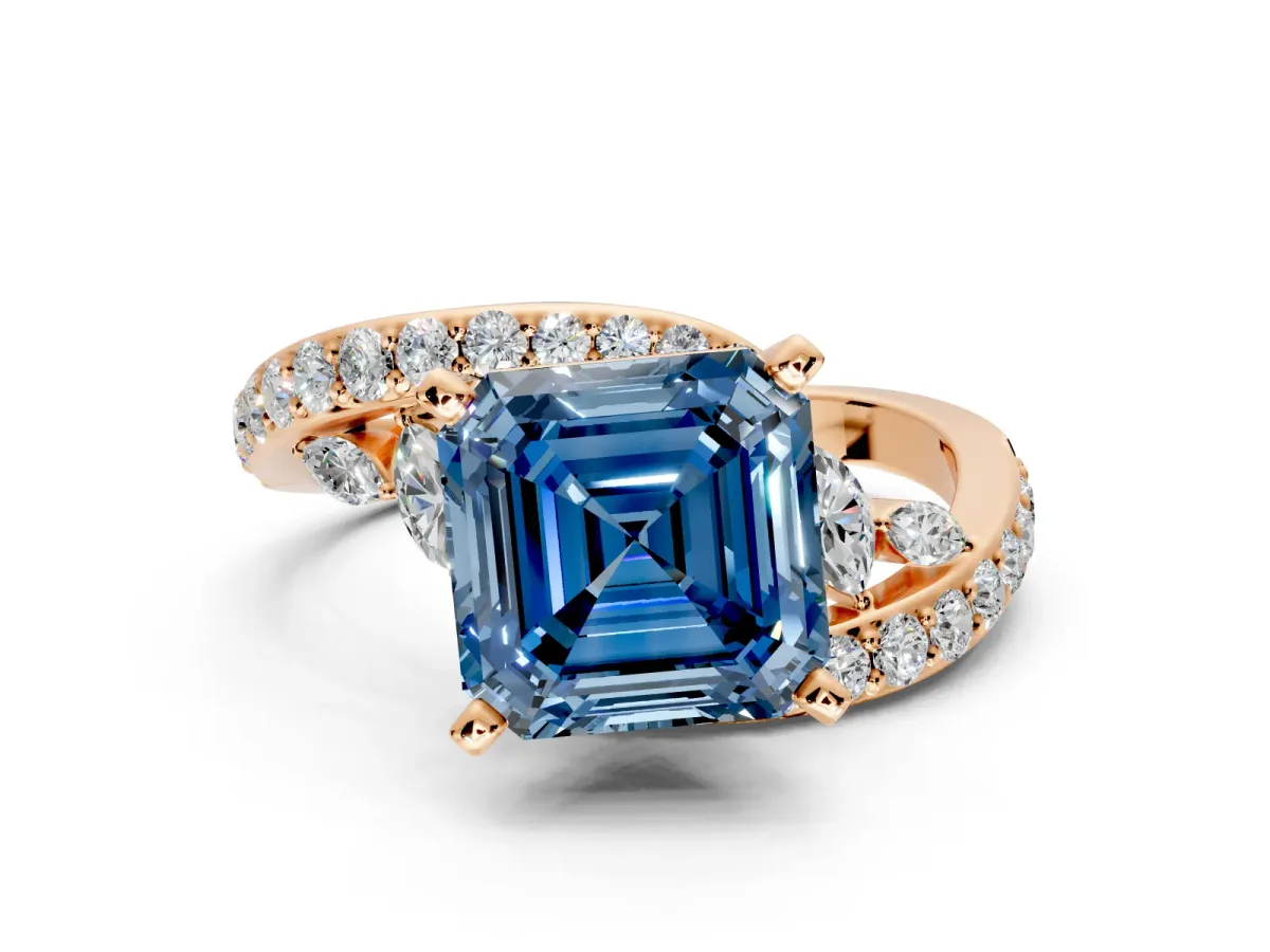 Solitaire Engagement Ring Setting for Fancy Blue Asscher Cut Center with Pave Bypass Twist Band and Prong Head in Rose Gold