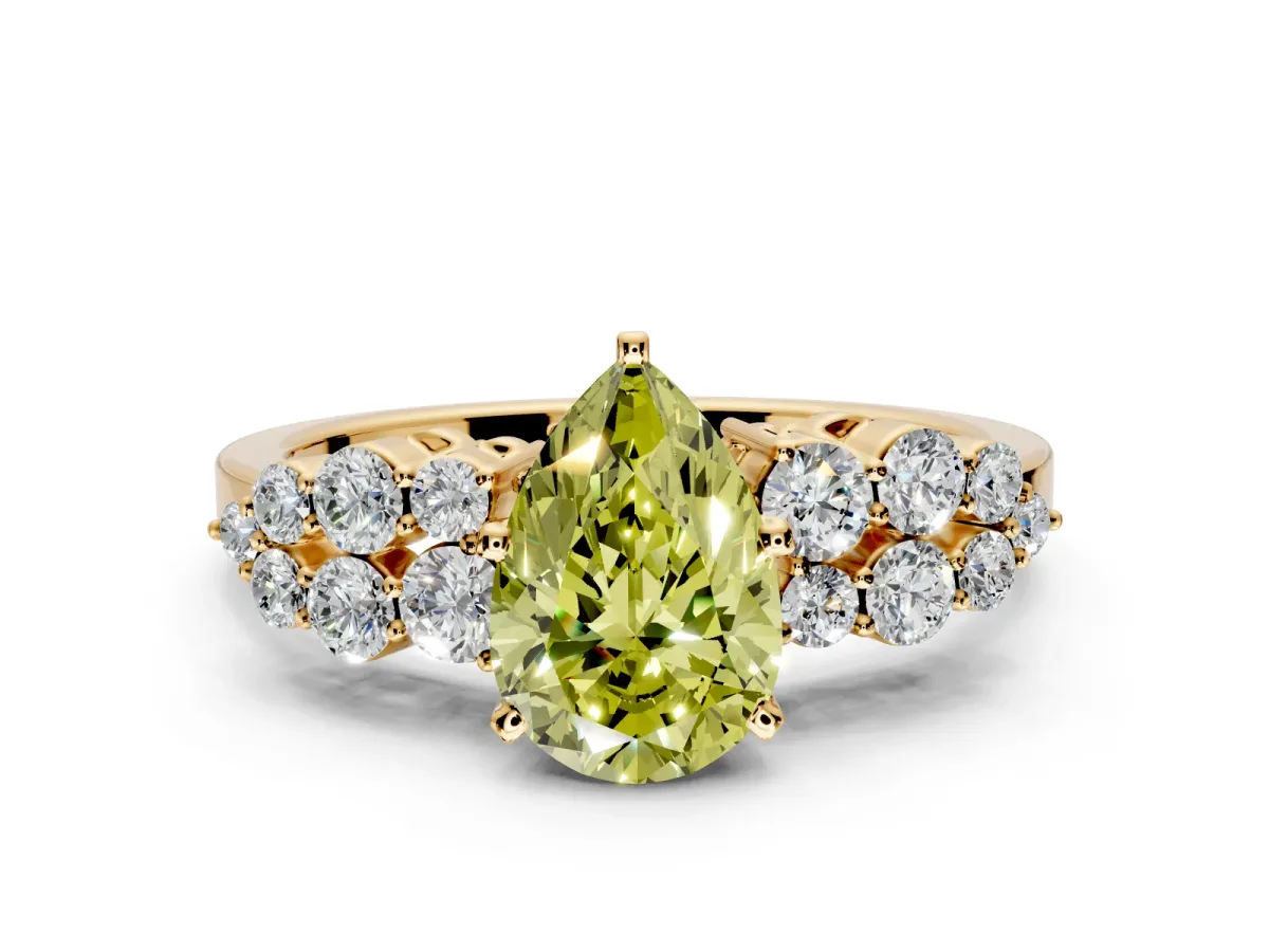 Cluster Engagement Ring Setting for Fancy Yellow Pear-Shaped Center with 2-Row Shoulder Clusters and Prong Head in Yellow Gold