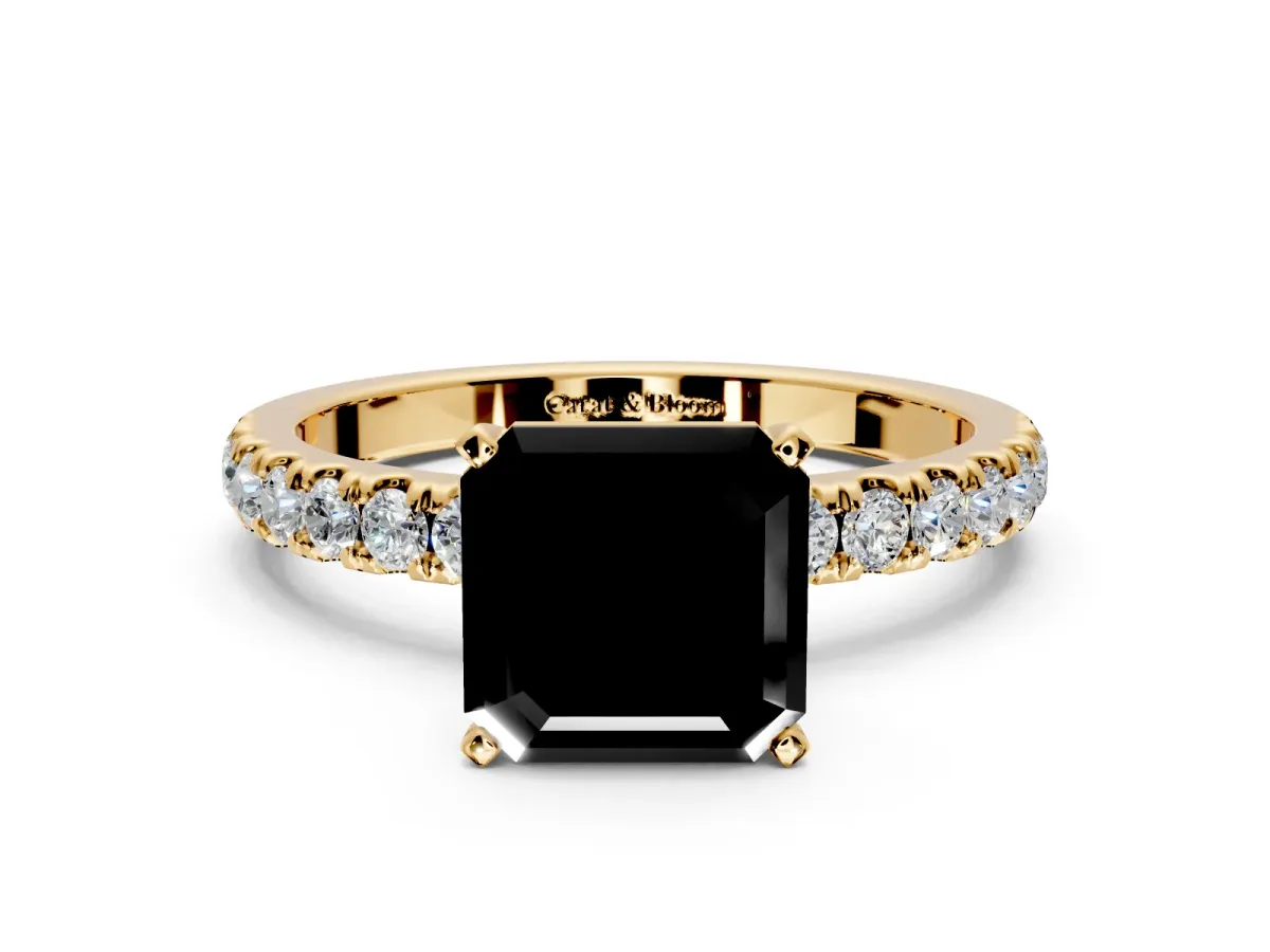Open Basket Engagement Ring Setting for Fancy Black Asscher Cut Center with Pave Band and Prong Head in Yellow Gold