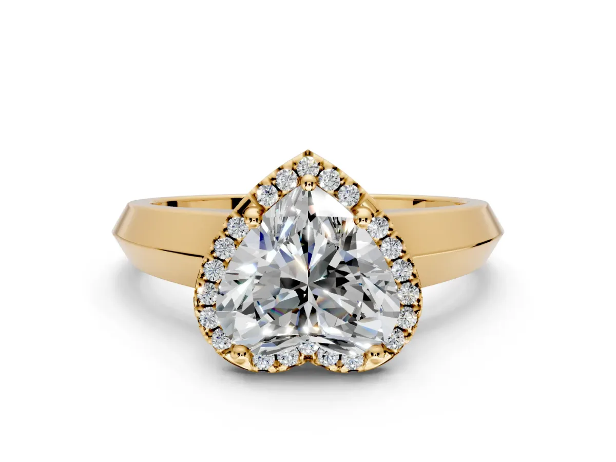 Halo Engagement Ring Setting for Heart-Shaped Center with Knife Ridge Cathedral Band and Prong Head in Yellow Gold