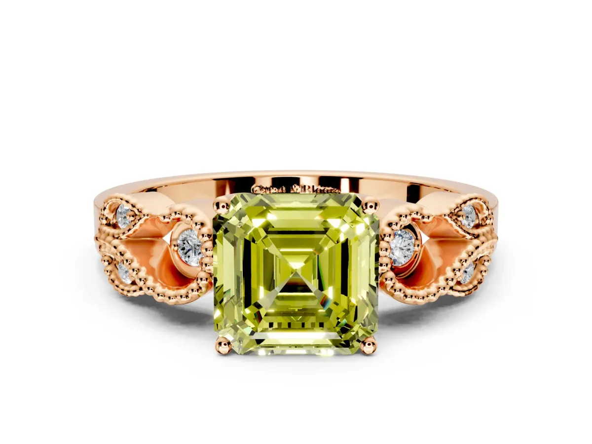 Leaf Engagement Ring Setting for Fancy Yellow Asscher Cut Center with Milgrain Accent Band and Prong Head in Rose Gold