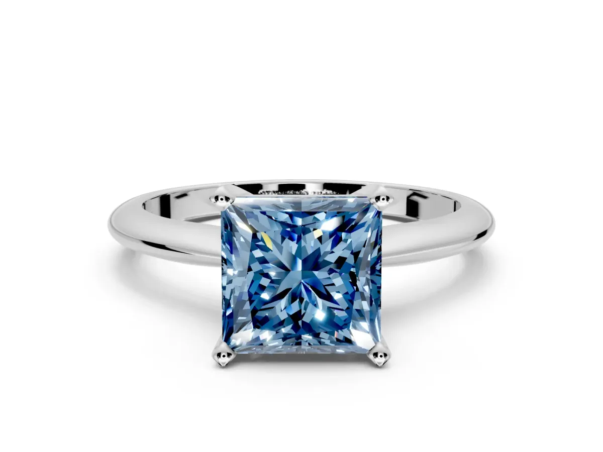 Solitaire Engagement Ring Setting for Fancy Blue Princess Cut Center with Knife Ridge Band and Claw Prong Head in White Gold