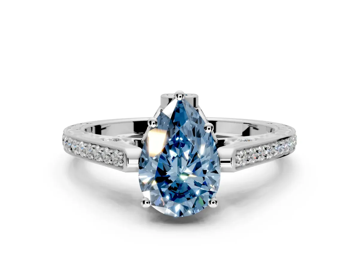 Cathedral Engagement Ring Setting for Fancy Blue Pear-Shaped Center with Antique-Style Pave Band and Prong Head in Platinum