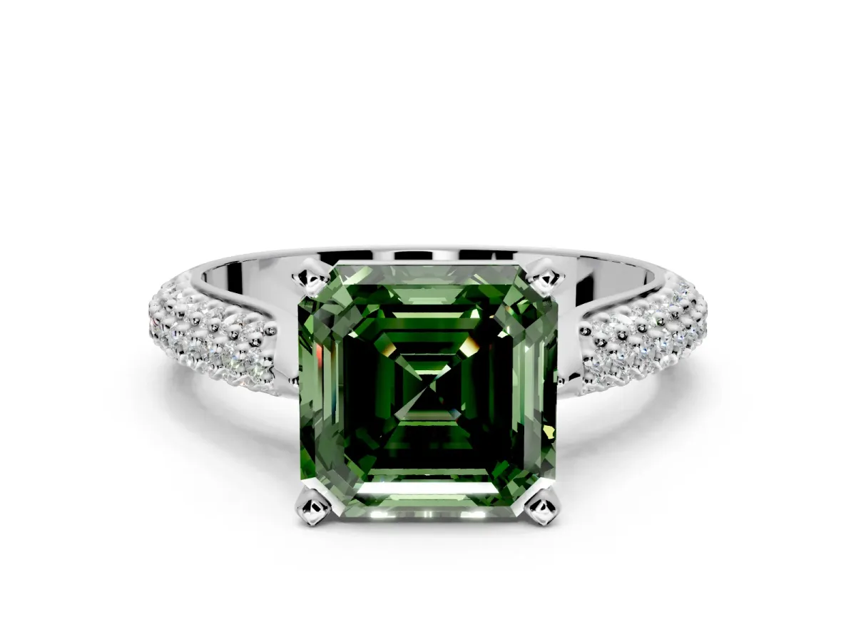 Solitaire Engagement Ring Setting for Fancy Green Asscher Cut Center with Multi-Row Accents and Prong Head in Sterling Silver