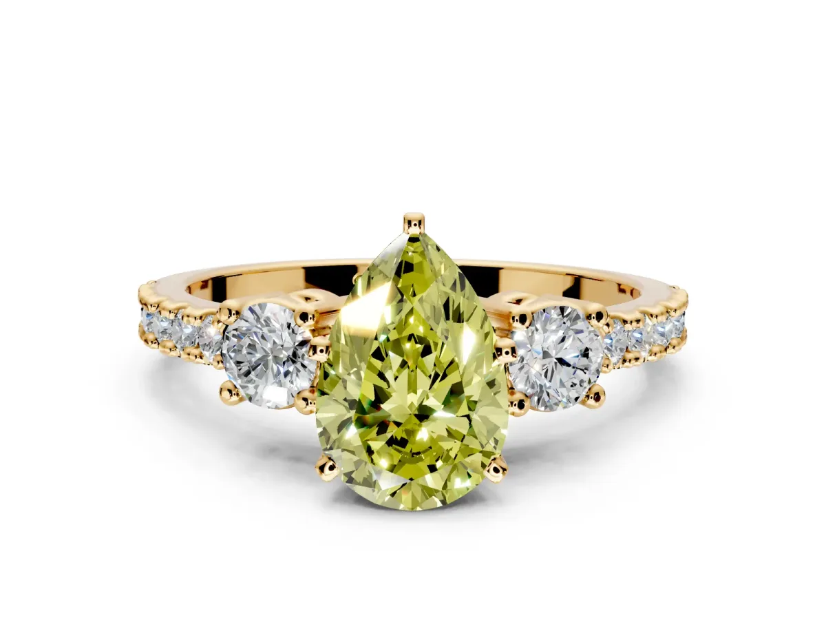 3 Stone Engagement Ring Setting for Fancy Yellow Pear-Shaped Center with Round Cut Side Accents and Prong Head in Yellow Gold