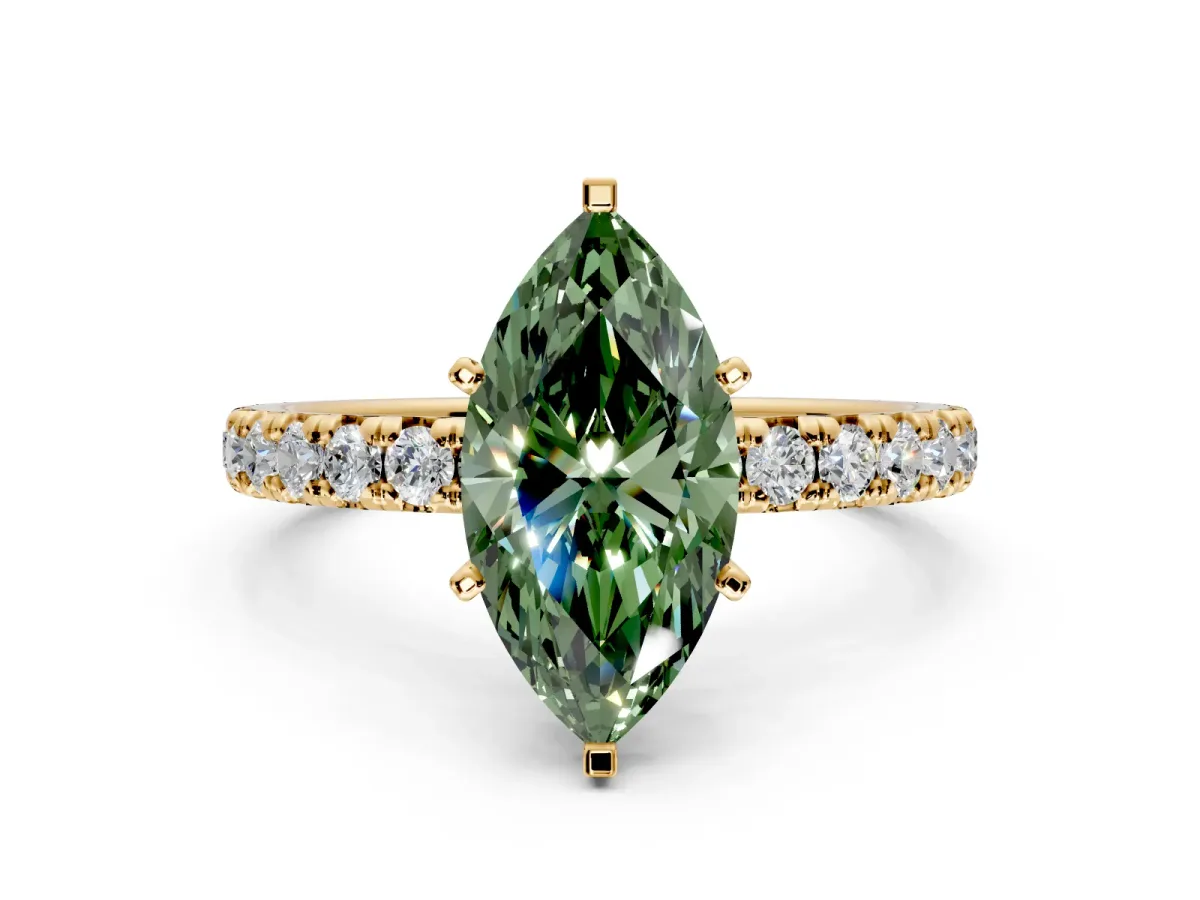 Solitaire Engagement Ring Setting for Fancy Green Marquise Center with Shared-Prong Accents and Prong Head in Yellow Gold