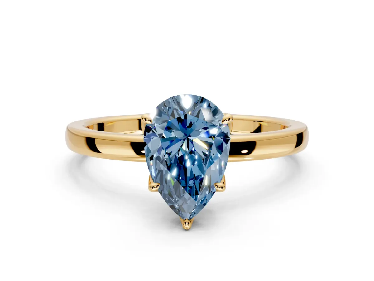 Solitaire Engagement Ring Setting for Fancy Blue Pear-Shaped Center with Thin Rounded Plain Band and Prong Head in Yellow Gold