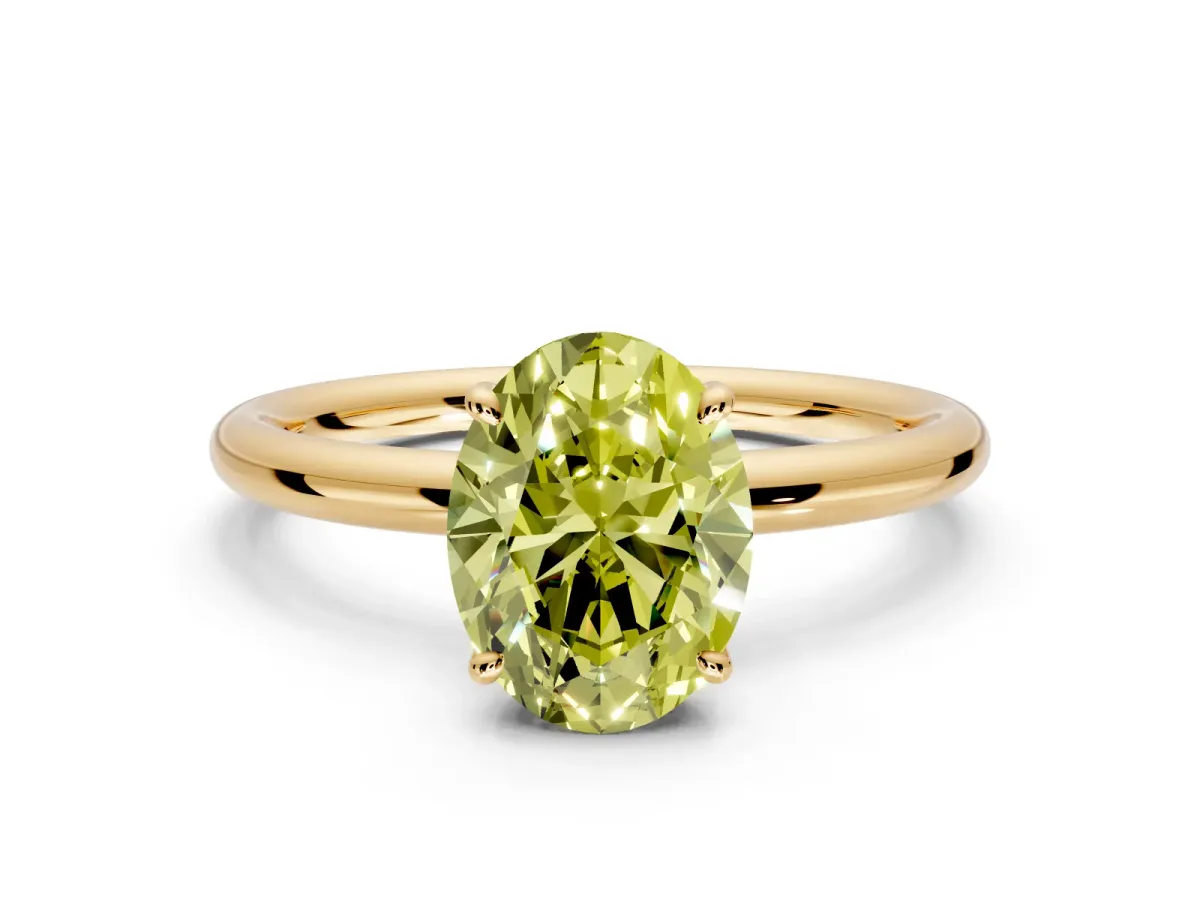 Hidden Halo Engagement Ring Setting for Fancy Yellow Oval Center with Thin Rounded Band and Prong Head in Yellow Gold