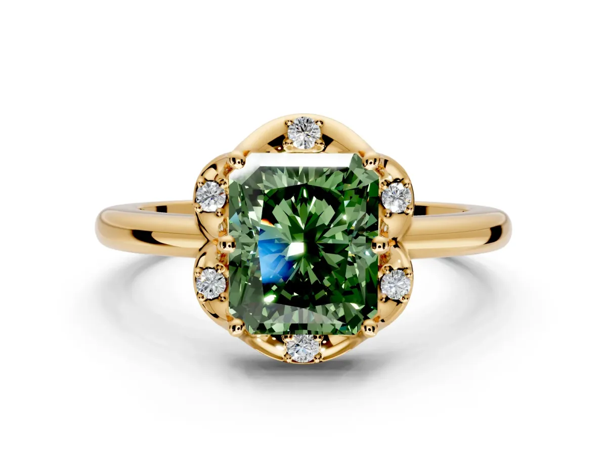 Floral Frame Engagement Ring Setting for Fancy Green Radiant Cut Center with Accent Clusters and Prong Head in Yellow Gold