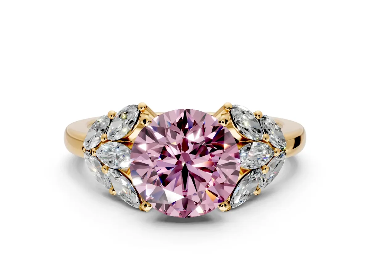 Leaf Cluster Engagement Ring Setting for Fancy Pink Round Cut Center with Marquise Accents and Prong Head in Yellow Gold
