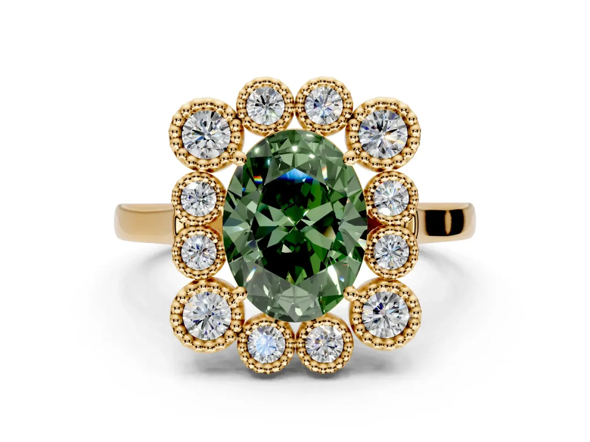 Cluster Halo Engagement Ring Setting for Fancy Green Oval Center with Milgrain Bezel Accents and Prong Head in Yellow Gold