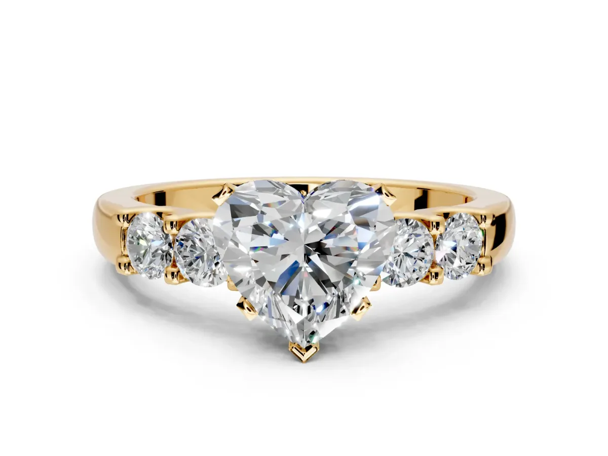 5 Stone Engagement Ring Setting for Heart-Shaped Center with Plain Band and Prong Head in Yellow Gold