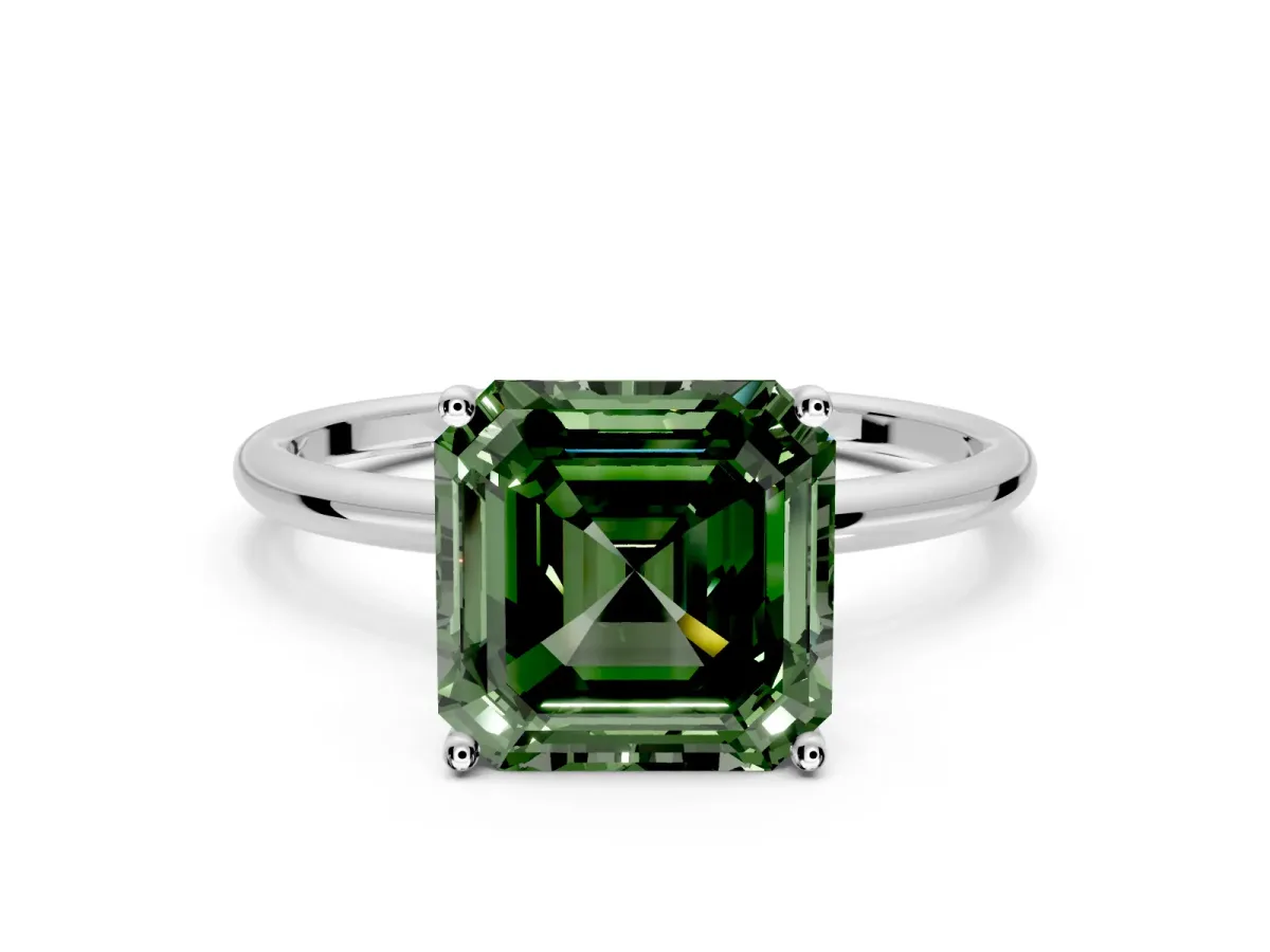 Solitaire Engagement Ring Setting for Fancy Green Asscher Cut Center with Straight Thin Band and Prong Head in Sterling Silver
