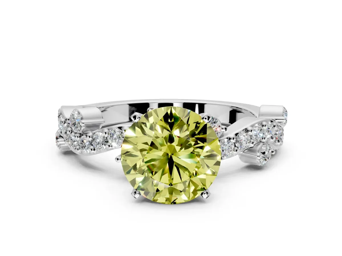 Solitaire Engagement Ring Setting for Fancy Yellow Round Cut Center with Bar-Station Pave Twist and Prong Head in White Gold