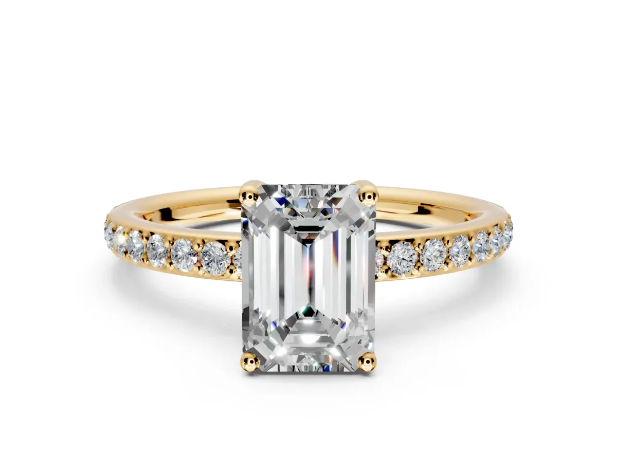 Solitaire Engagement Ring Setting for Emerald Cut Center with Fine Pave Band and Prong Head in Yellow Gold