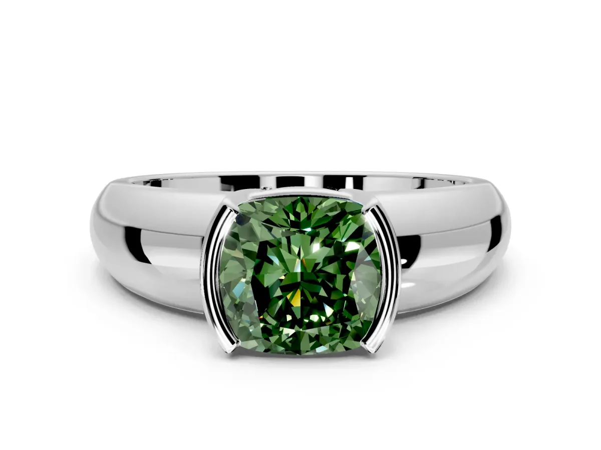 Tension Engagement Ring Setting for Fancy Green Cushion Cut Center with Wide Flat Band and Tension Head in White Gold