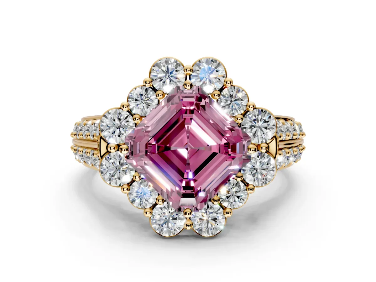 Large Accent Halo Engagement Ring Setting for Fancy Pink Asscher Cut Center with Pave Split Shank and Prong Head in Yellow Gold