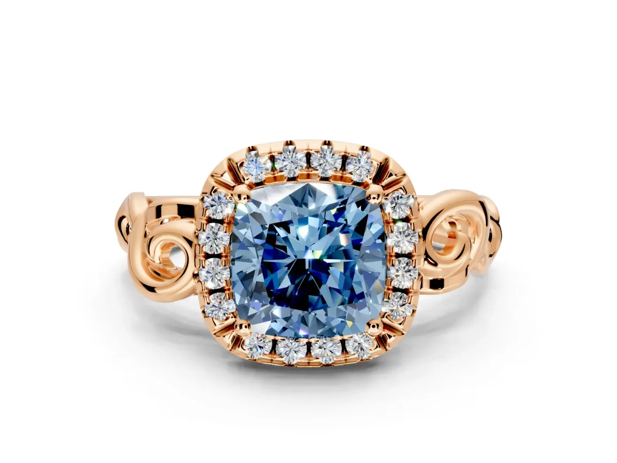 Halo Engagement Ring Setting for Fancy Blue Cushion Cut Center with Open Scroll Shoulders and Prong Head in Rose Gold