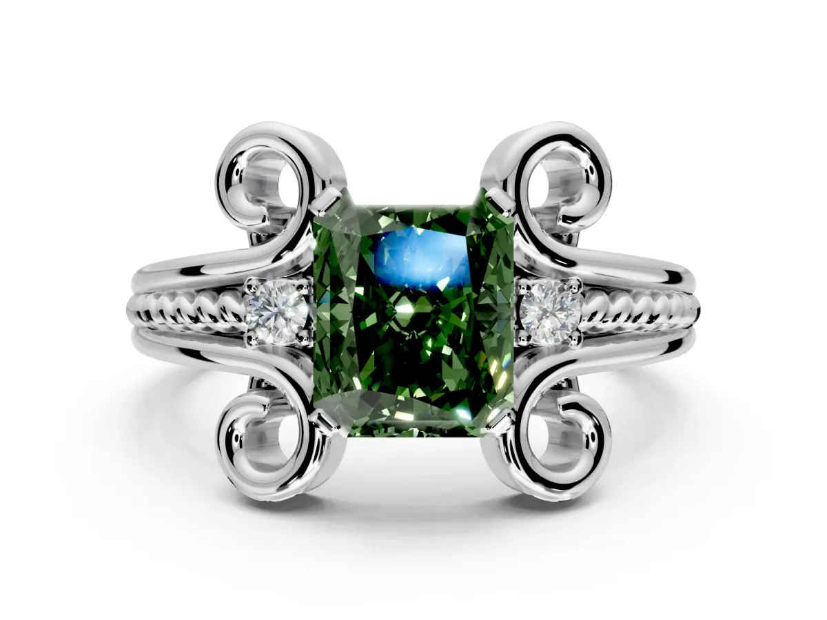 Solitaire Engagement Ring Setting for Fancy Green Radiant Cut Center with Twisted Band and Scroll Prong Head in Sterling Silver