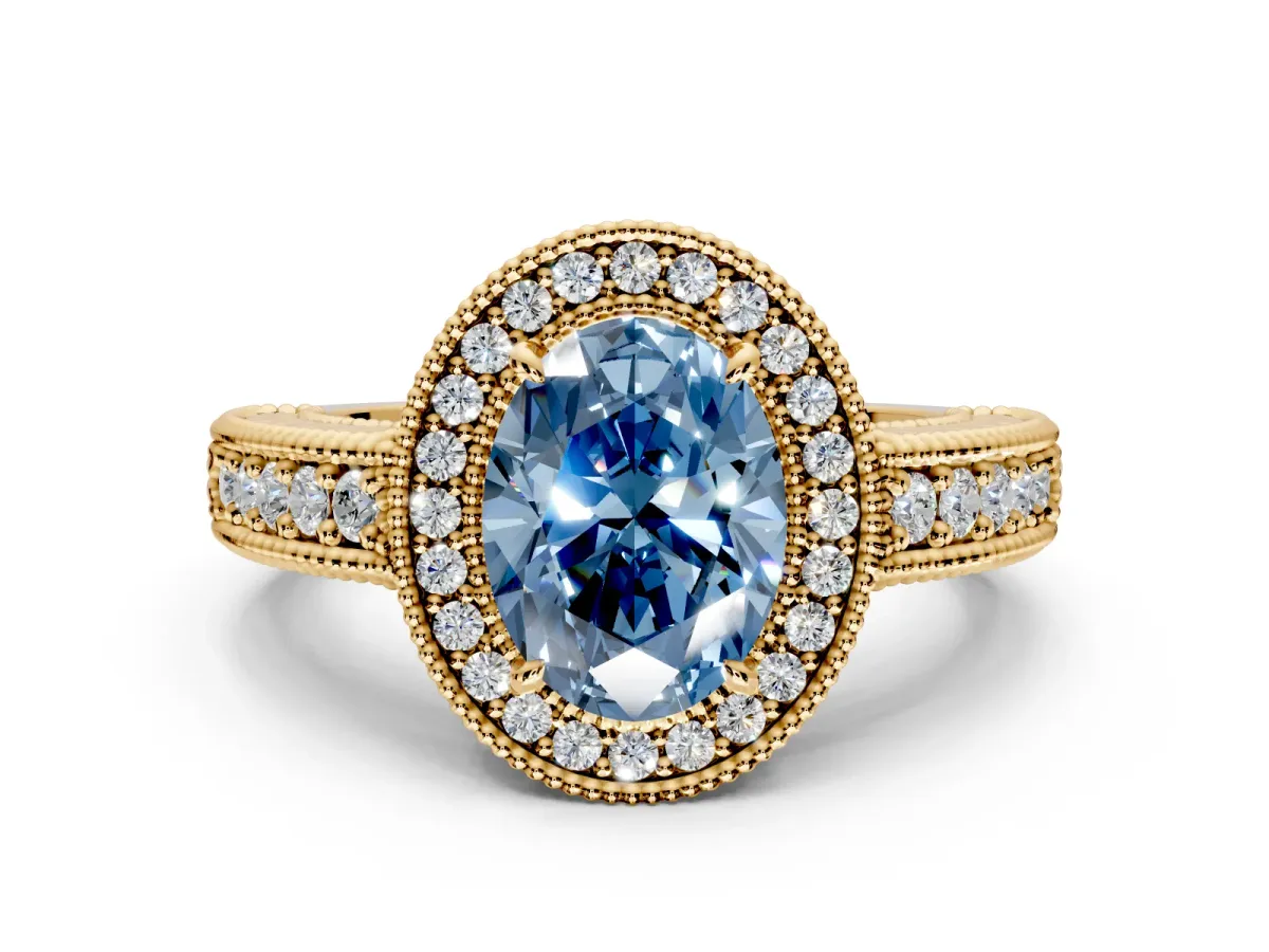 Milgrain Halo Engagement Ring Setting for Fancy Blue Oval Center with Pave Band and Prong Head in Yellow Gold