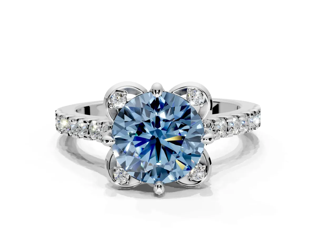Floral Engagement Ring Setting for Fancy Blue Round Cut Center with Pave Band and Floral Prong Head in Platinum