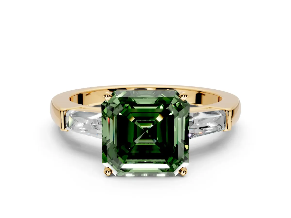 3 Stone Engagement Ring Setting for Fancy Green Asscher Cut Center with Tapered Baguettes, Plain Band and Prong Head in Yellow Gold
