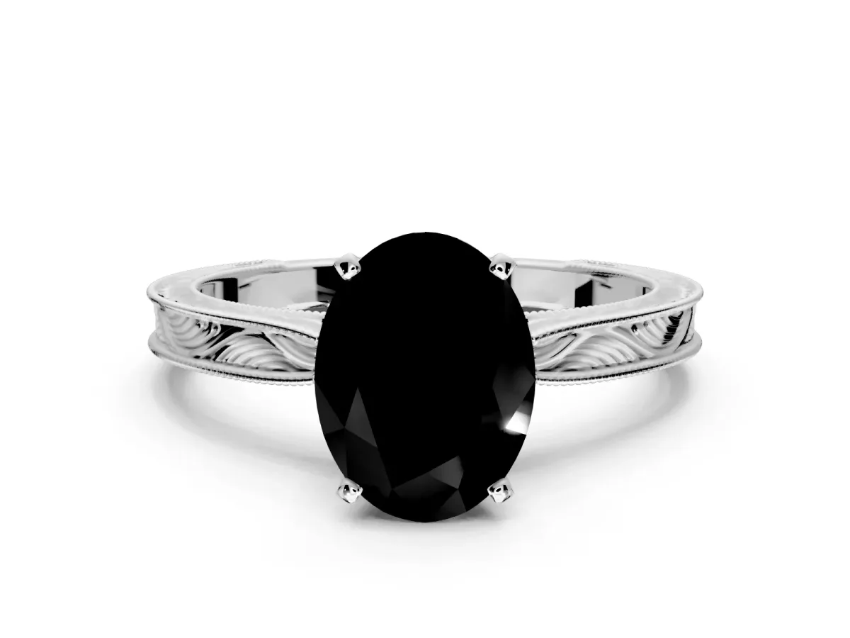 Solitaire Engagement Ring Setting for Fancy Black Oval Center with Engraved Milgrain Band and Prong Head in Platinum